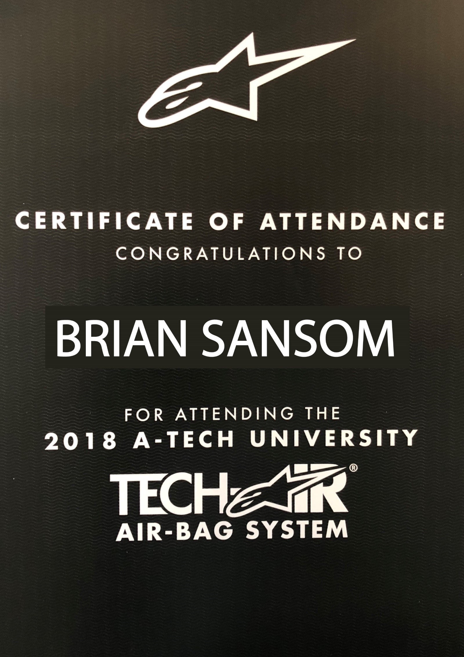 Certificate of attendance Tech Air Aplinestars 2018 A-Tech university